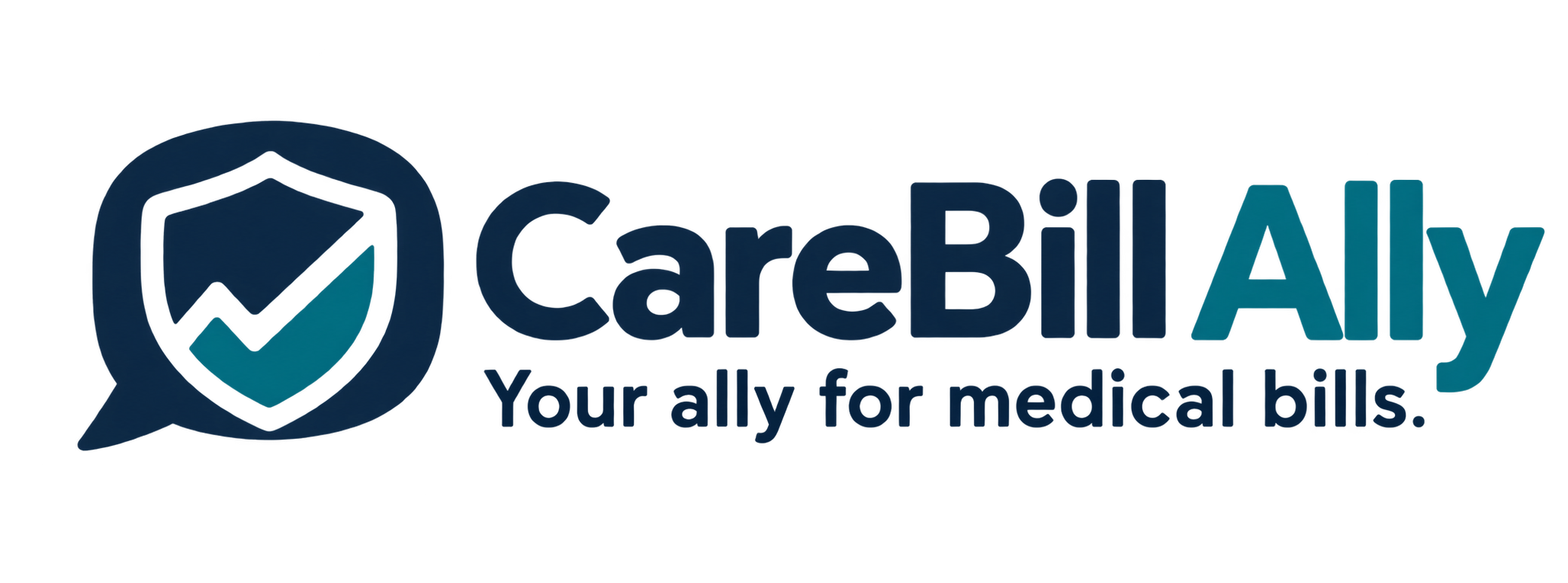 CareBill Ally logo: a speech bubble with a shield and check mark. Your ally for medical bills.